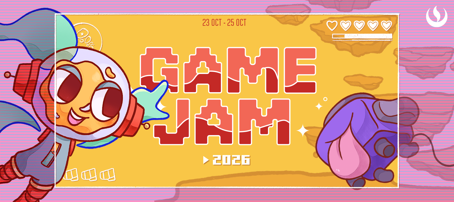 Banner del Game Jam 2026: un astronauta y un control sobre fondo amarillo, del 23 al 25 de octubre
